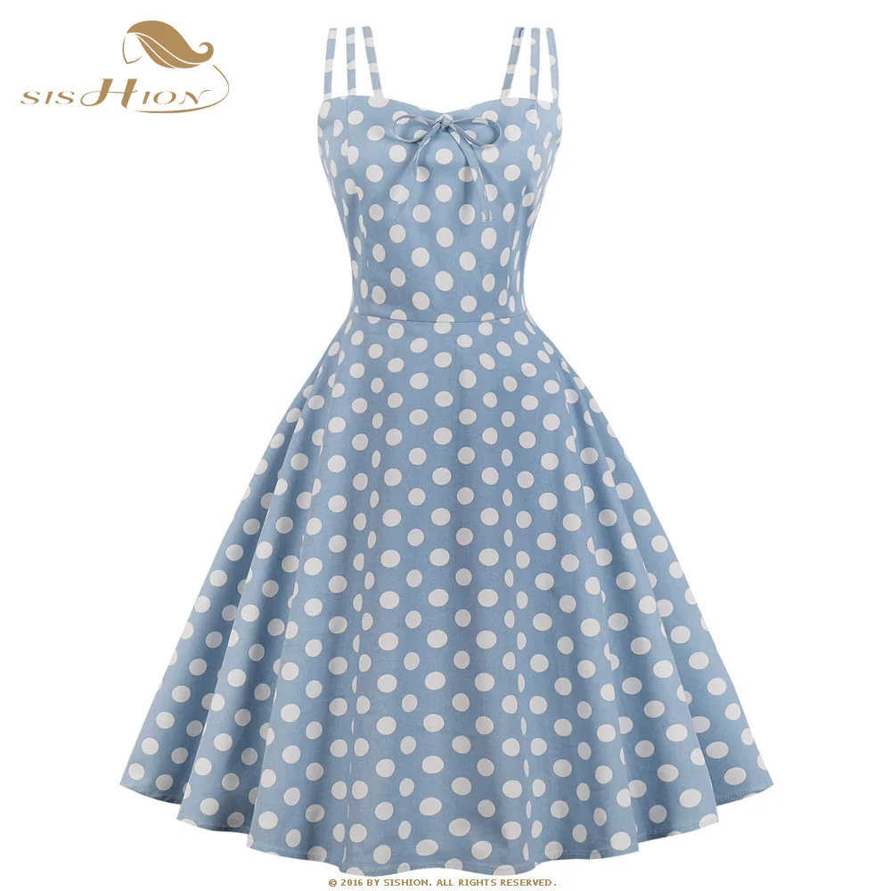 

SISHION 1960s Vintage Summer Dress Ladies Cotton Sexy Swing Dress Yellow Blue Women Retro Polka Dot Dresses VD0720