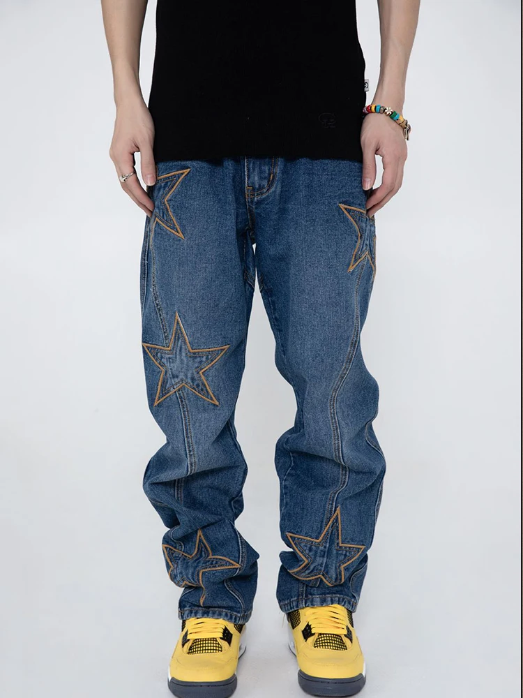 Pantalones vaqueros con bordado pentagrama para de retales Jeans de pierna recta, informales, sueltos, de Color sólido, ropa de calle Unisex| - AliExpress