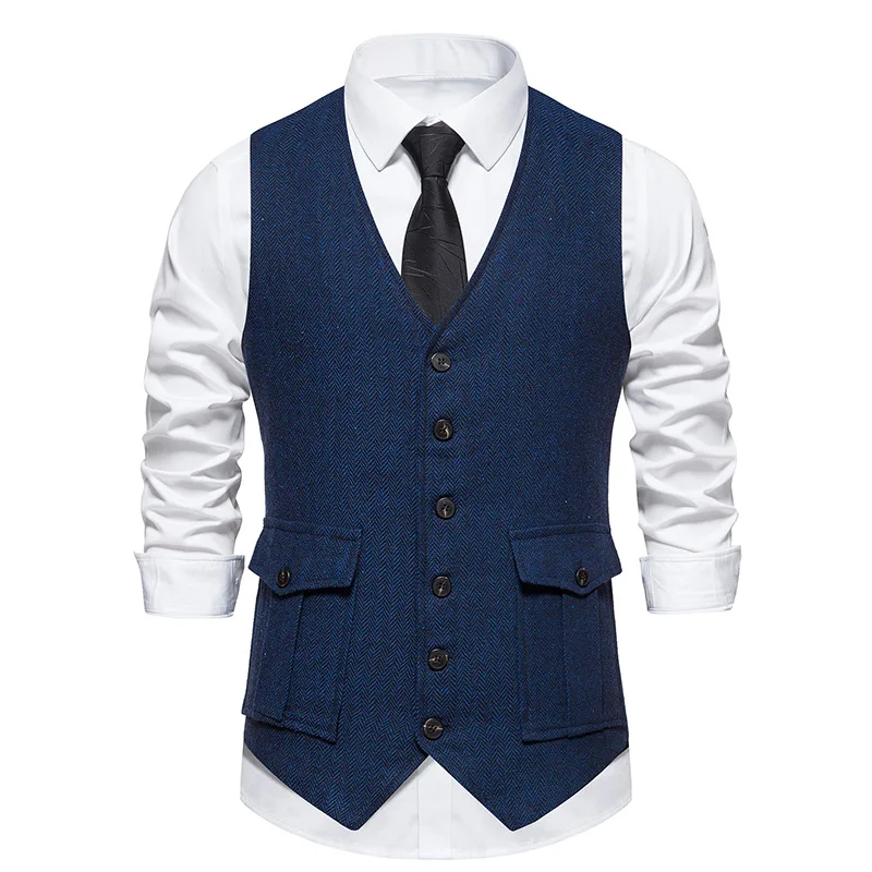 Mens Vintage Suit Vest V Neck Casual Wool Waistcoat for Wedding Groomsmen dress vests
