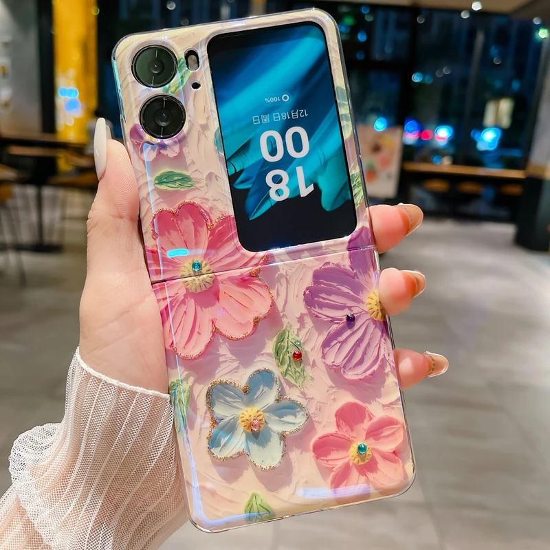 Coreano Blu-Ray Pittura A Olio Fiori Bling Glitter Custodia Posteriore Antiurto Per Oppo Find N2 Flip Cover
