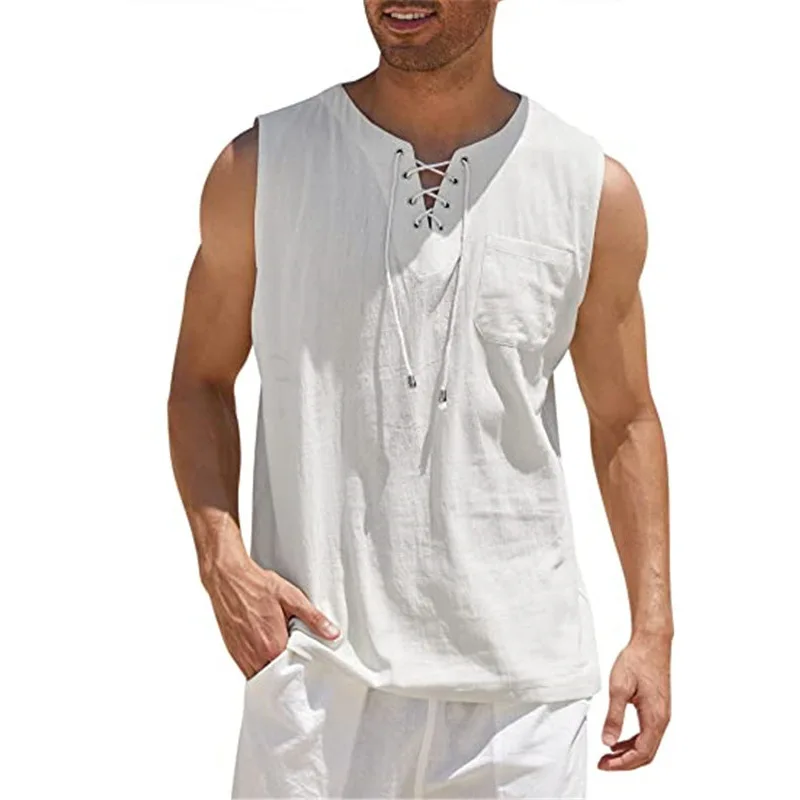 Mens Cotton Linen Sleeveless Vest Summer Tank Top