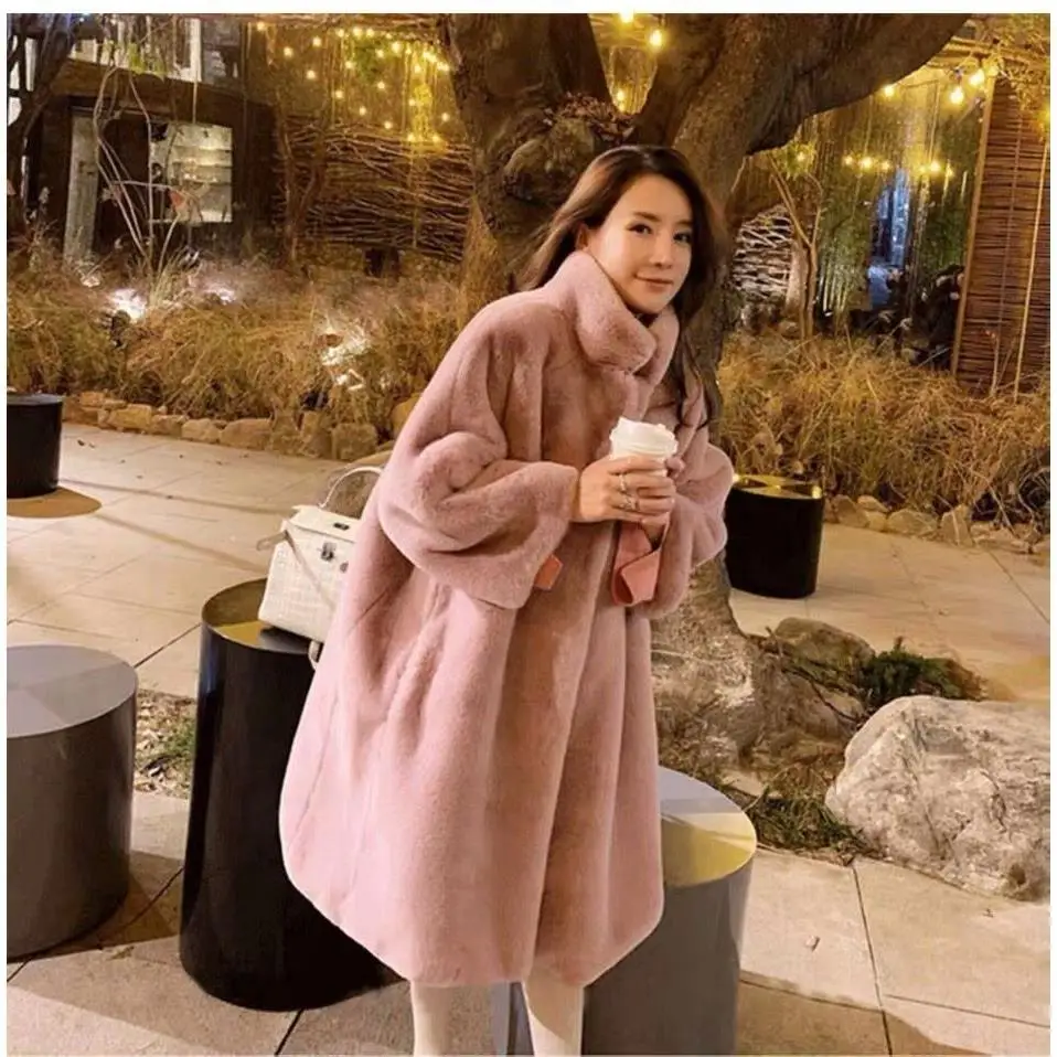 

2023 Fashion Women Thick Overcoats Mid-length Autumn Winter Warm Solid Color High Quality Fake Fox Fur Coats Female Jackets C134