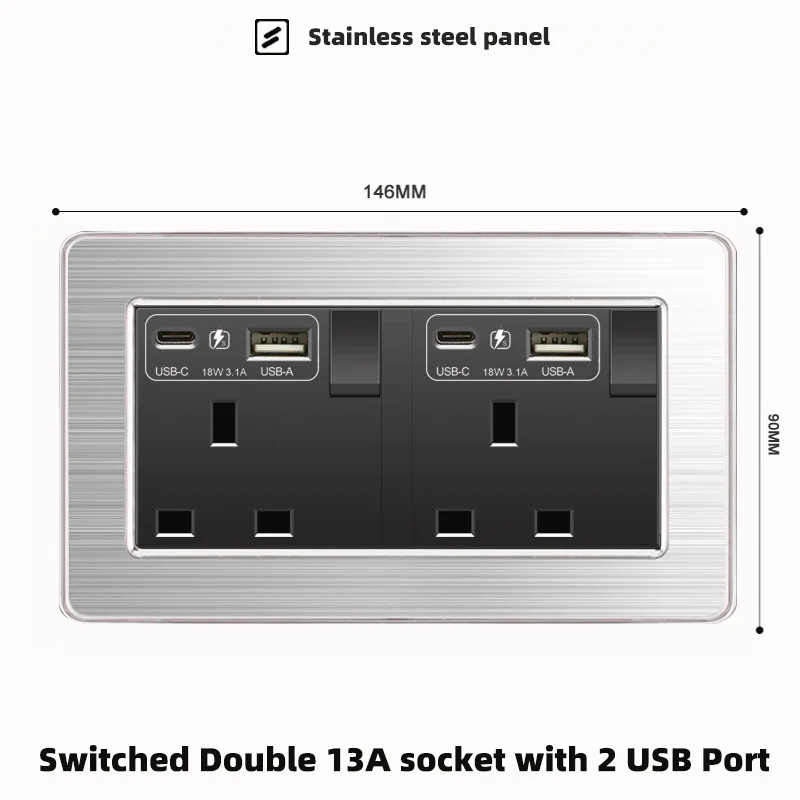 LED light switch with USB Type-C socket EU UK