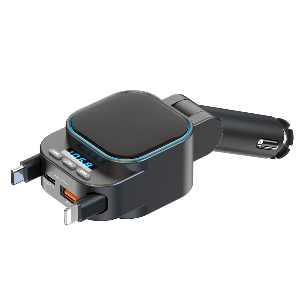 Cigarette lighter type car bluetooth MP3 player lossless sound quality double telescopic cable car charger charging automatic