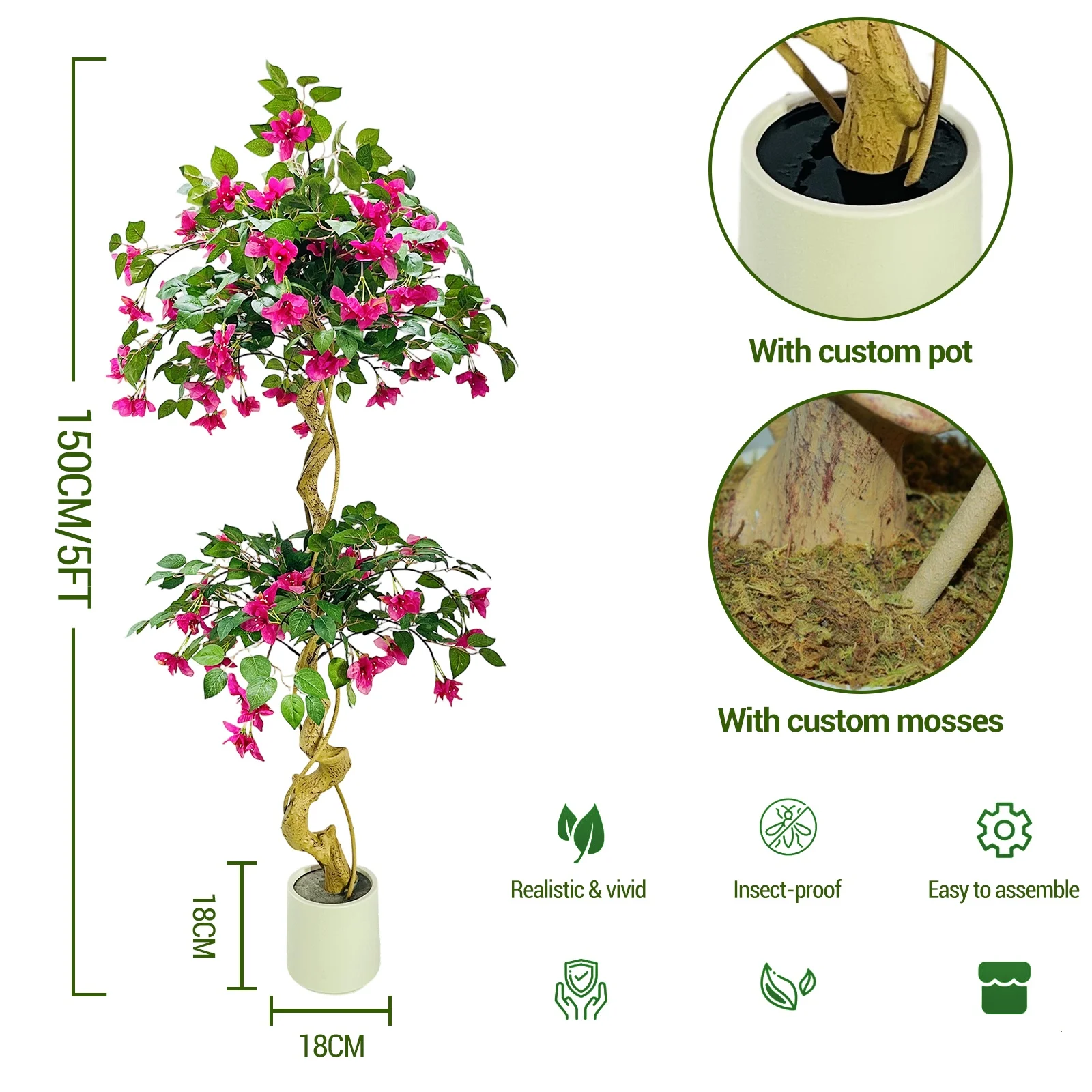 120–180 cm großer künstlicher Bougainvillea-Baum mit rosa Blumen im Topf – realistischer Kunstbaum für Innen- und Außenbereich, Büro- und Gartendekoration – Detail 5