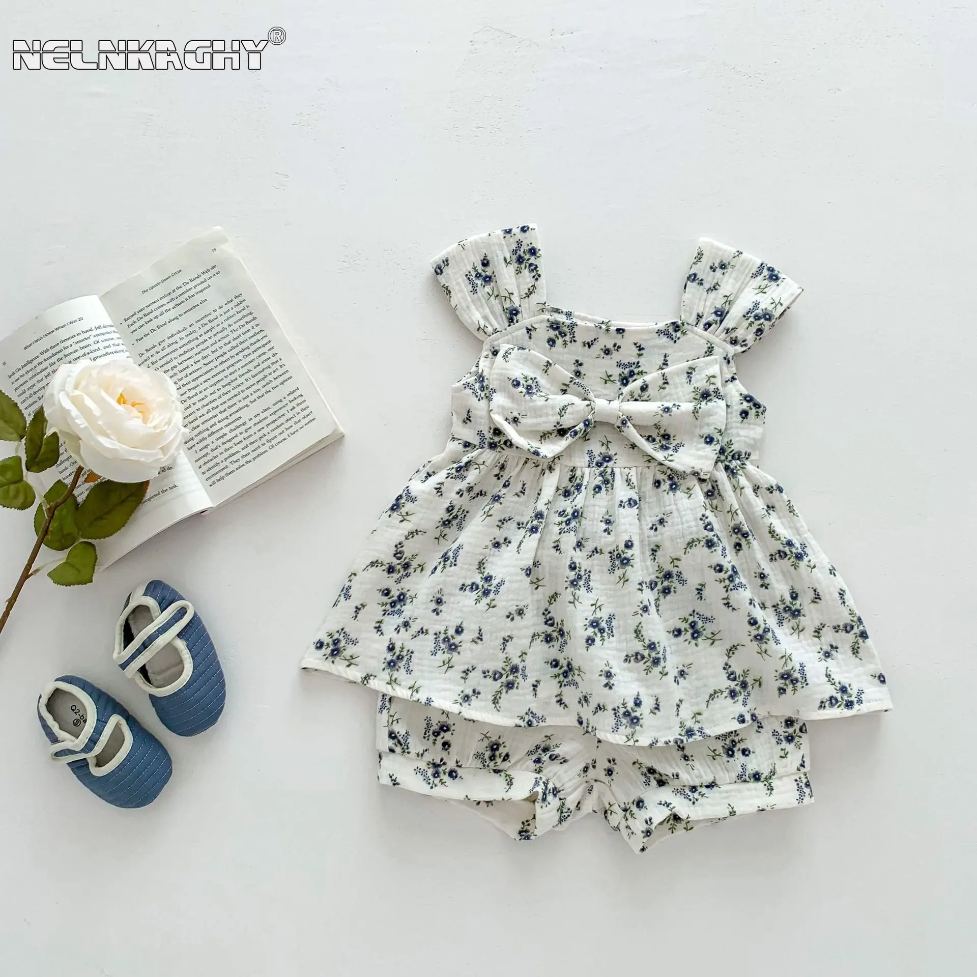 

Summer Kids Baby Girls Pastoral Style Sling Big Bow Floral Top Tees Shorts Infant Children Pure Cotton Clothing Set 2pcs