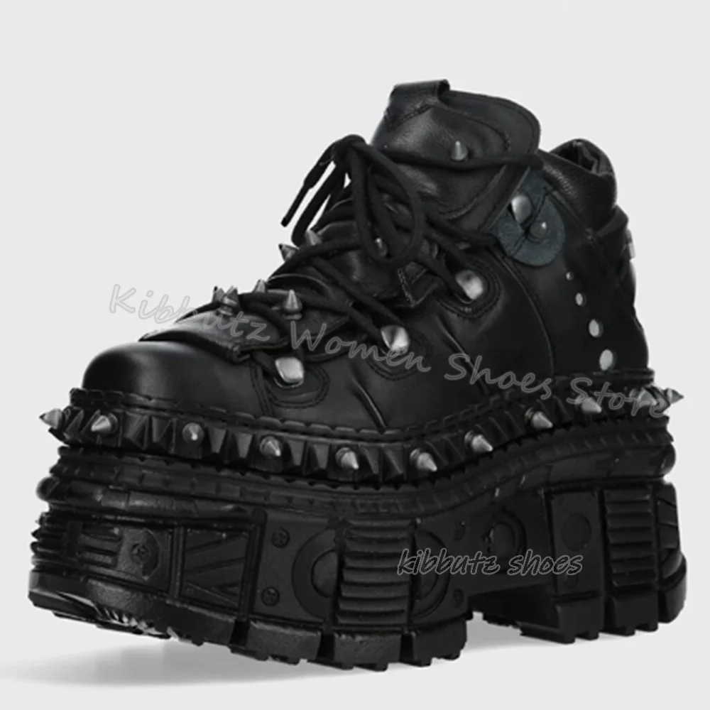 Rivets Gothic Sneaker Thick Bottom Platform Punk Rock Dark Style Lace-Up Fashion Sexy Women Shoes Round Toe Genuine Leather New 2
