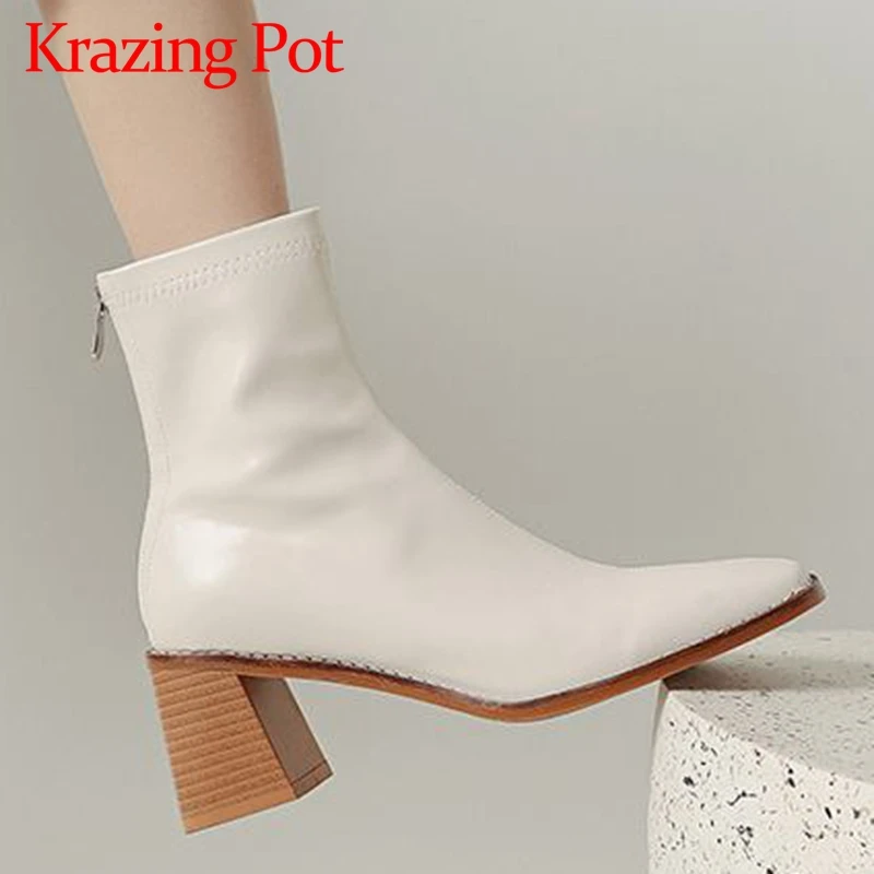 

Krazing Pot new sheep split leather square toe thick high heels modern Boots French romantic joker literature Zipper Ankle Boots