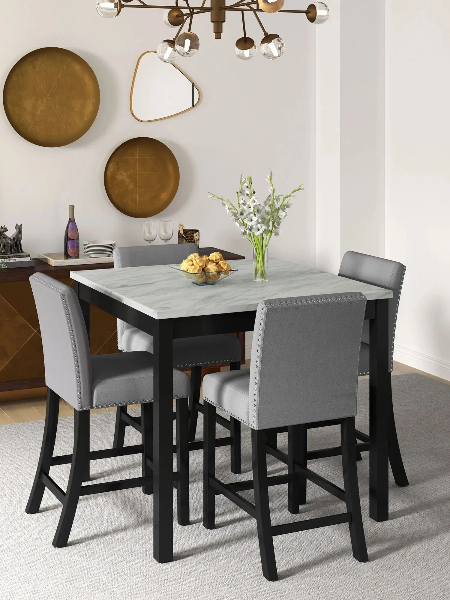 5-Piece Dining Table Set, Wooden Square Counter Height Table with 4 Chairs Modern Mid-Century Compact Dining Set for Small Space