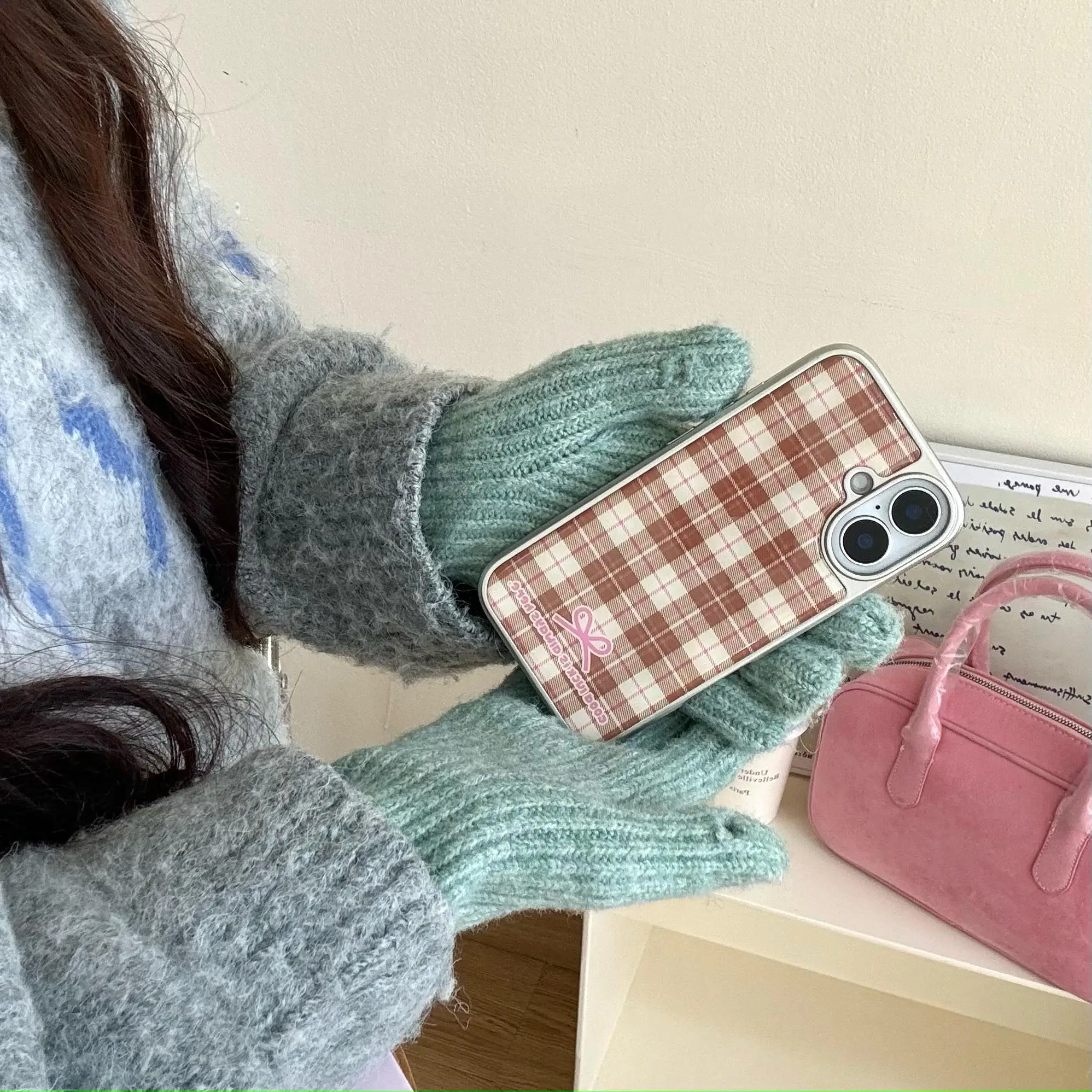Korean Girly Checker Pattern Silver Border Phone Case with Y2K Resin Design