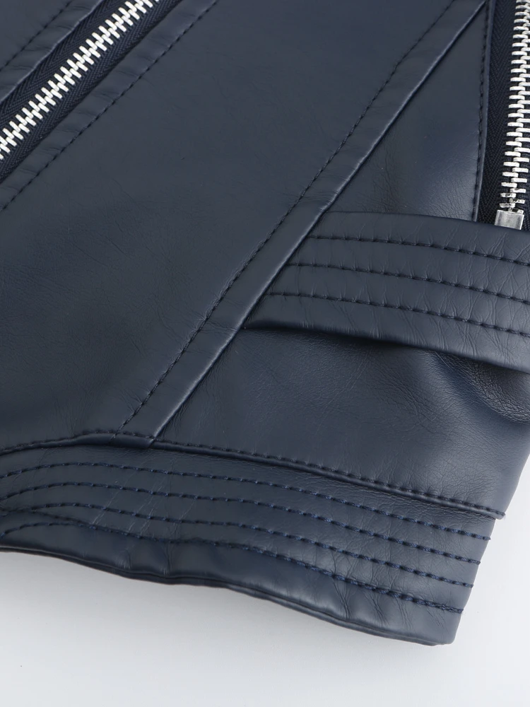 2023 New Spring and Autumn Thin PU Lapel Women Coats Slim Fit Zipper Faux Leather Long Sleeve Polyester Short Jackets for Women