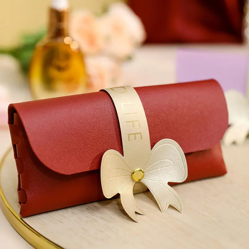 5Pcs PU Leather Gift Boxes Bag for Wedding Creative Foldable Exquisite Bowknot Candy Bags Gift Box Home Women's Glasses Bag