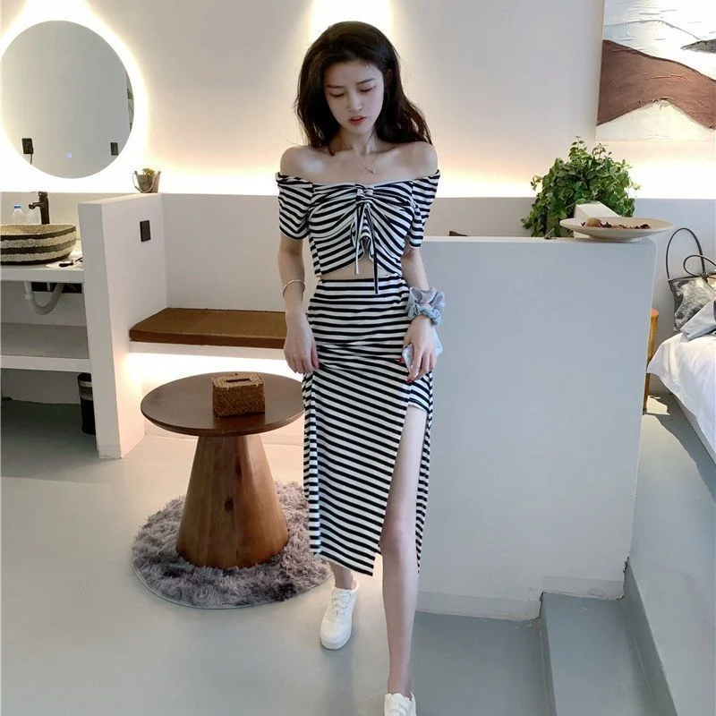 Women's Clothes Vintage Chic Heart Machine Sexy Off Shoulder Pleated Top High Waist Split Half Skirt Stripe Two Piece Outfits women s clothes vintage chic heart machine sexy off shoulder pleated top high waist split half skirt stripe two piece outfits