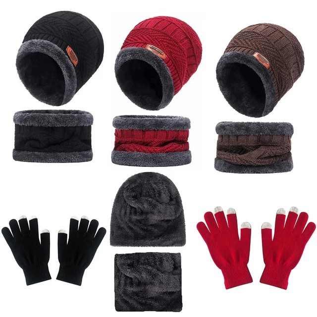 2pcs+1 pair Winter Warm Velvet Hat Scarf Gloves Set Winter Hats Knit Cap Men And Women Velvet Hat Coral Fleece Scarf Outdoor Rid 2