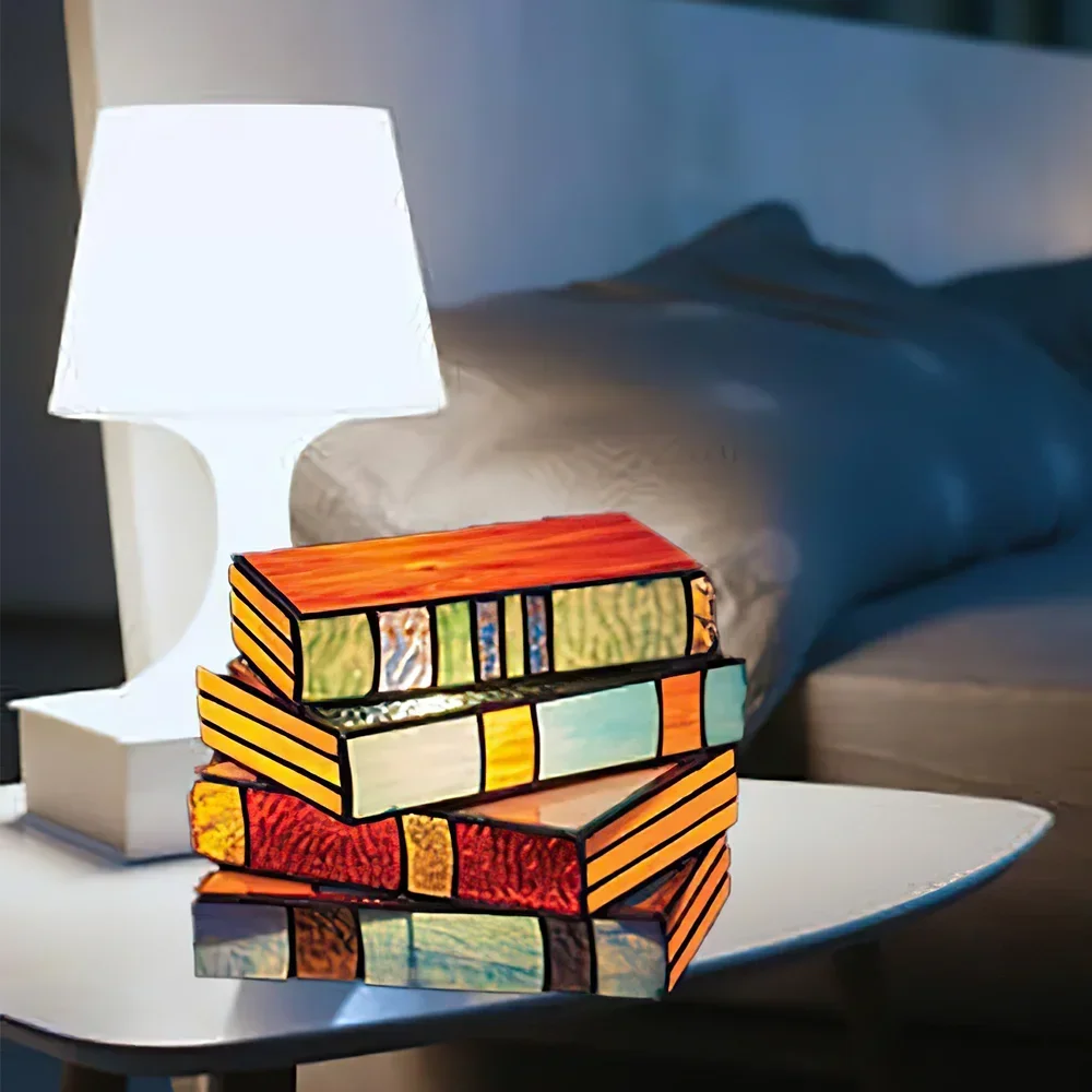 

Stained Glass Stacked Books Lamp Stacked Books Glass Light Reading Nook Lighting Vintage Table Lamp for Home Decoration Gifts