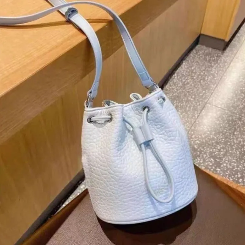 Sweet Cute Blue Drawstring Bucket Handbag Women Faux Lychee Pattern Leather Large Capacity Shoulder Bag Ladies Sle Crossbody Bag