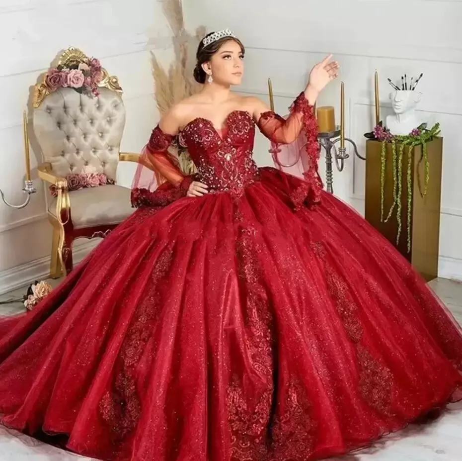 

ANGELSBRIDEP Sexy Burgundy Quinceanera Dresses Puffly Sleeves Applique Court Train Birthday Party Gowns Vestidos De 15 Anos