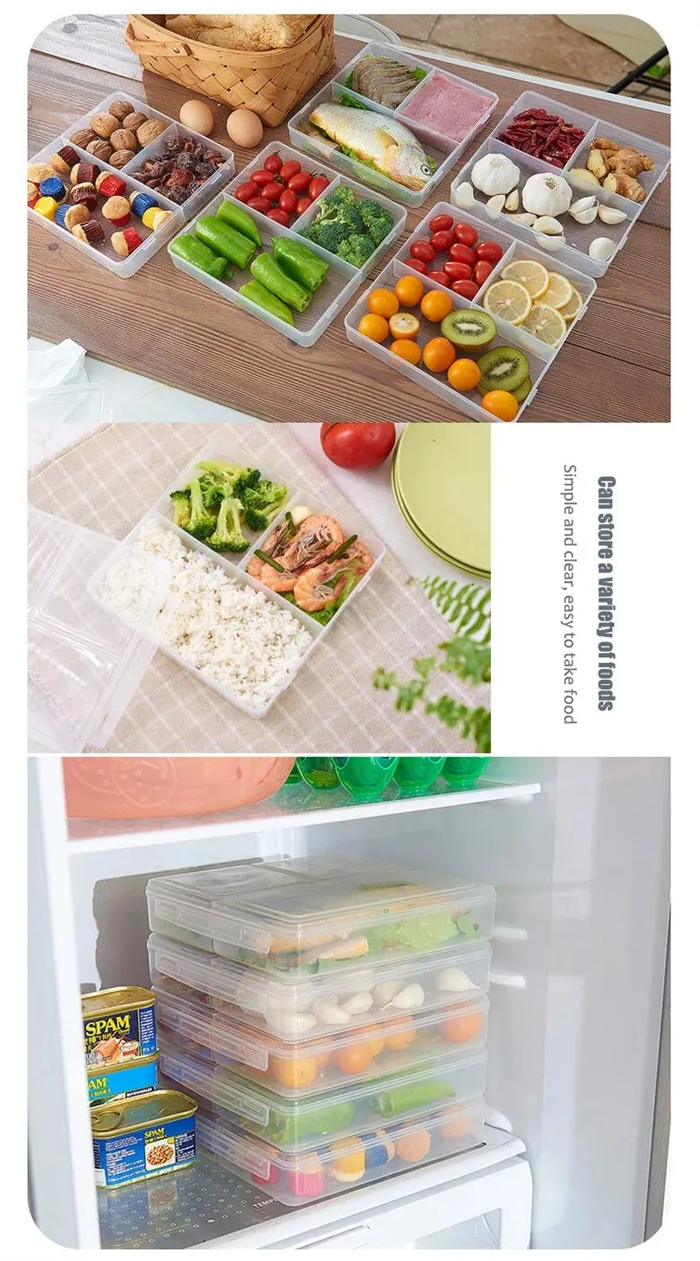 3 Grids Food Storage Box Container Fruit Vegetable Refrigerator Freezer Organizers Sub-Packed Meat Ginger Kitchen Accessories