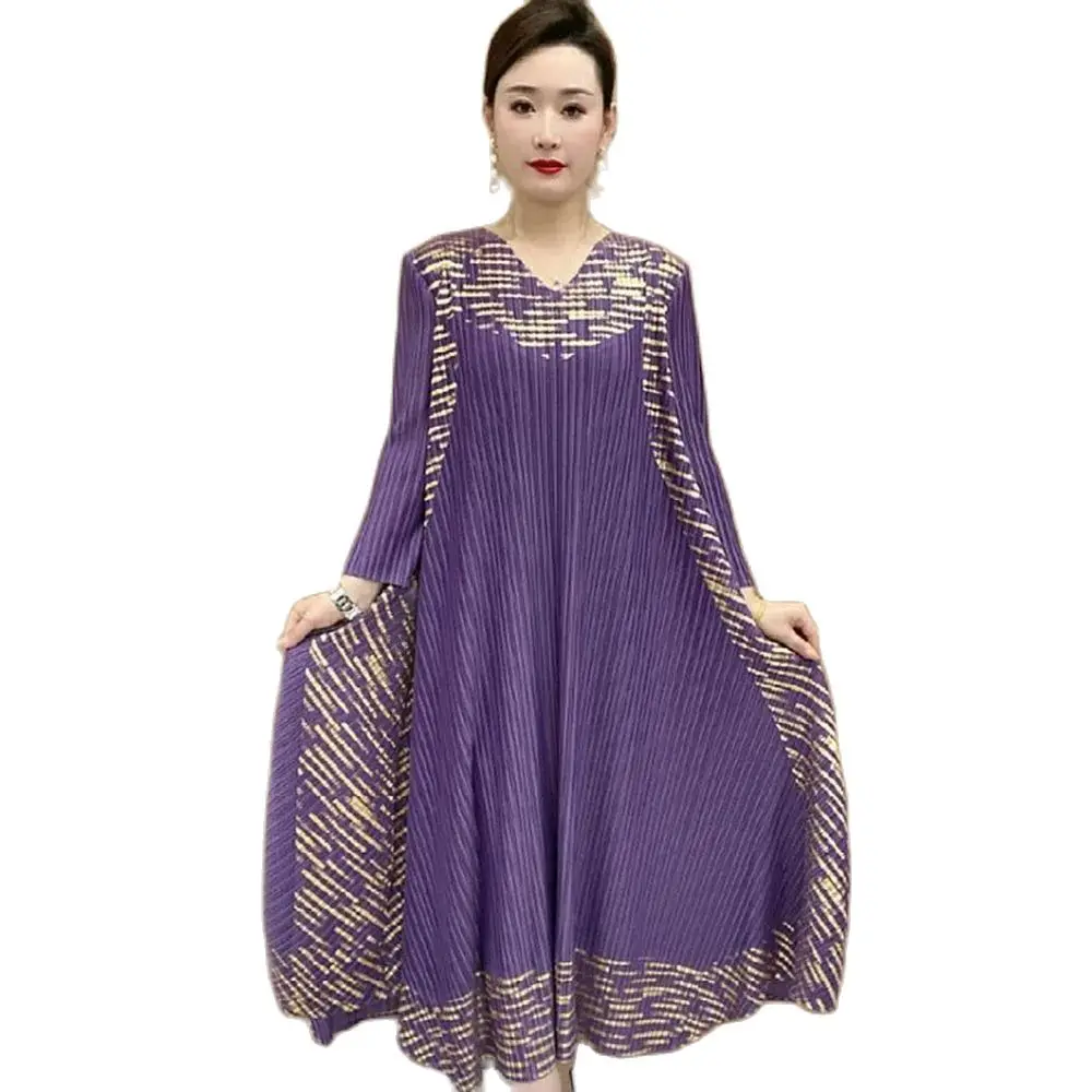 

Middle-aged Mother Summer New Fashion Hot Stamping Pleated Dress Ladies Loose Temperament Age Long Skirt Women.