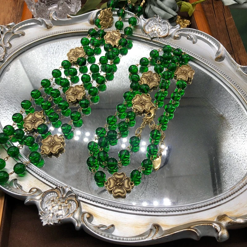 Sc1df4dc17e354d33bf013a000e62d350Z Fashionable Retro Style Four Leaf Flower Glass Bead Long And Short Necklace Is Available High-End Women To Choose From Mallzona