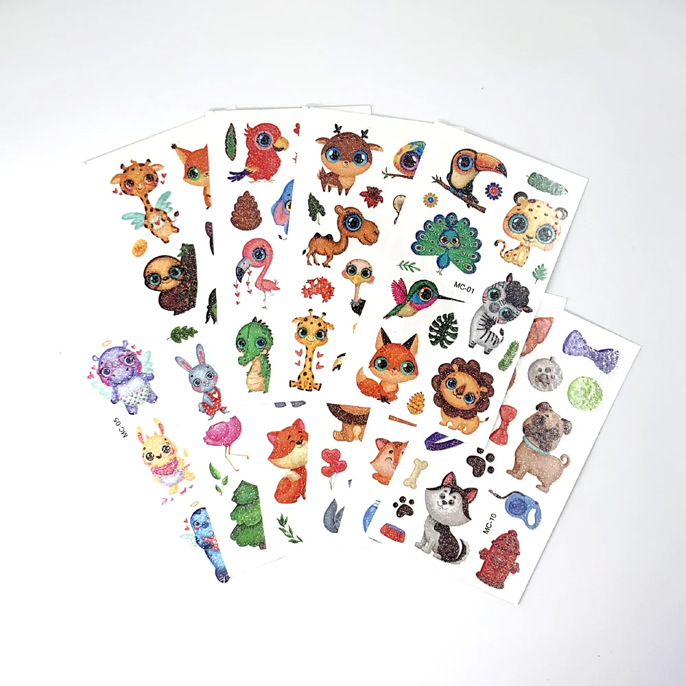 10 Sheets/Set Colorful Glitter Powder Tattoos Cartoon Animal Temporary Body Arm Stickers Disposable Children Party Makeup Tattoo face jewels crystal temporary tattoo sticker eyes festival party eyebrow body glitter stickers flash rhinestones decoration