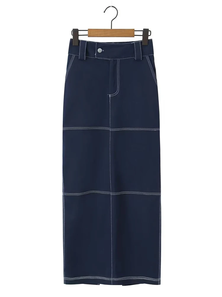 

YENKYE New 2023 Women Sexy Back Slit Pockets Safari Cotton Cargo Skirt Vintage Spliced Line Maxi Long Skirts Apricot Denim Blue