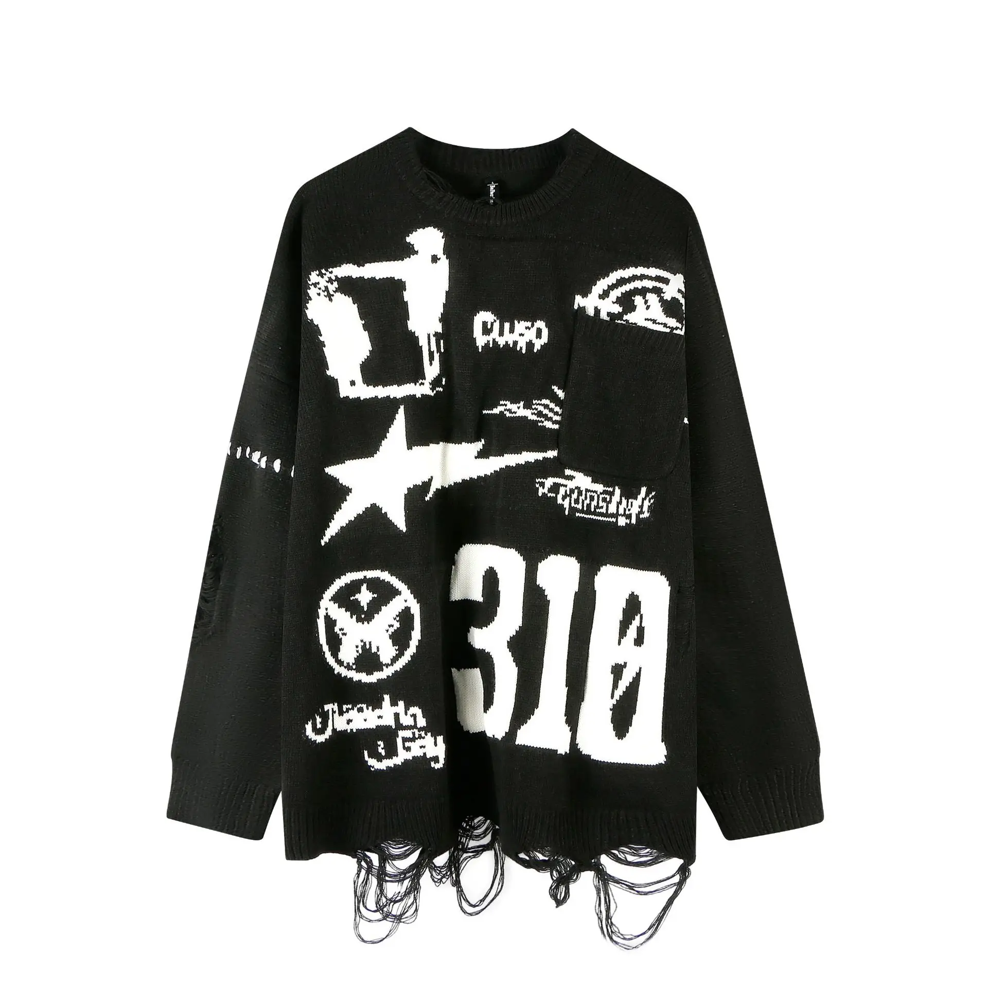 

Men's Fashion Oversized Hip Hop Sweater High Street Loose Fit Y2K Jumpers Streetwear Knitwear Tops Ripped