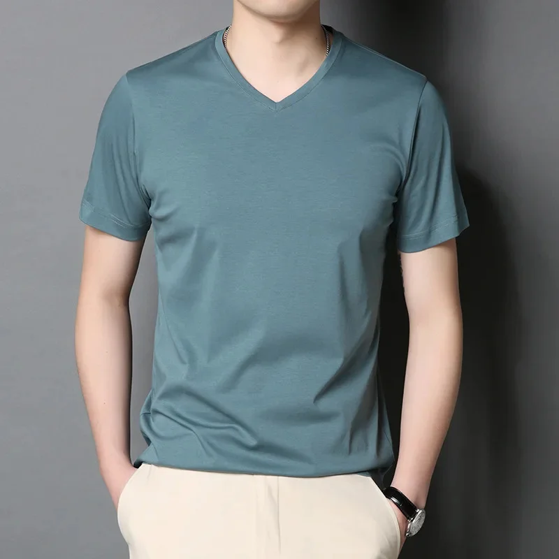 

Minglu Mercerized Cotton Mens T-shirts Luxury Short Sleeve V Collar Solid Color Casual Male Tees Fashion Loose Thin Man Tshirts