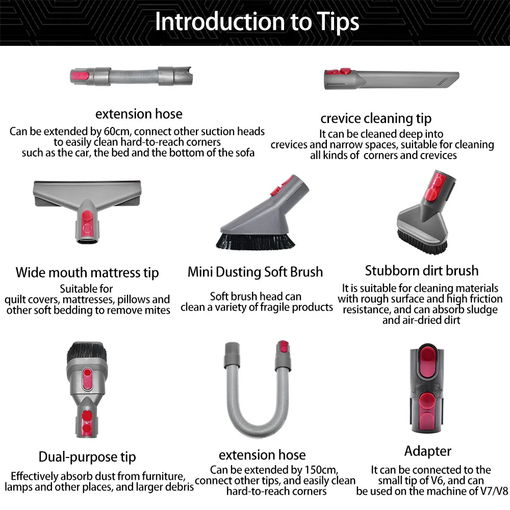 Brush Attachment Kit for Dyson V15 V11 V10 V8 V7,Vacuum Cleaner Accessories  Including Mattress Cleaner,Combination Tool,Crevice Tool,Soft Dusting