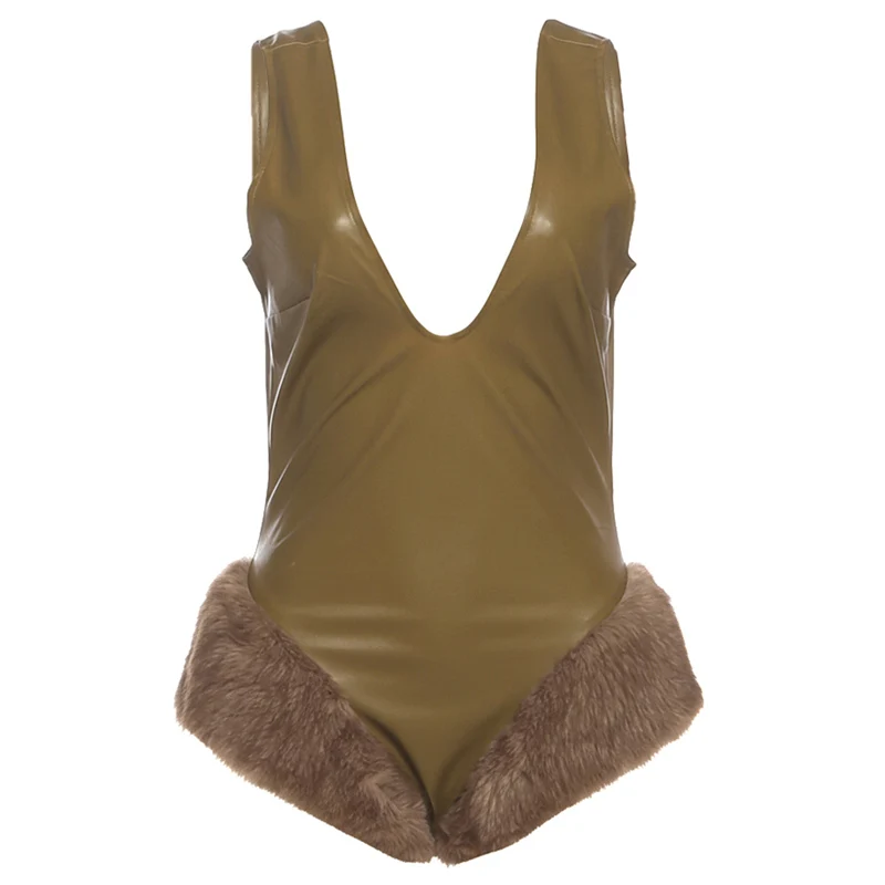 Kliou Skinny-Bodys aus Kunstleder für Damen, tiefer Ausschnitt, rückenfrei, ärmellos, pelzig, Patchwork-Saum, heiße Mädchen, High-Street-Stil, figurbetont – Detail 2