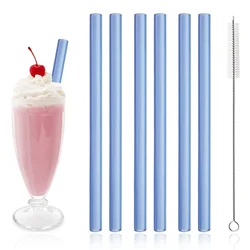 Deluxe Set of 7 Reusable Wide Glass Drinking Straws for Smoothies and Bubble Tea (Blue)