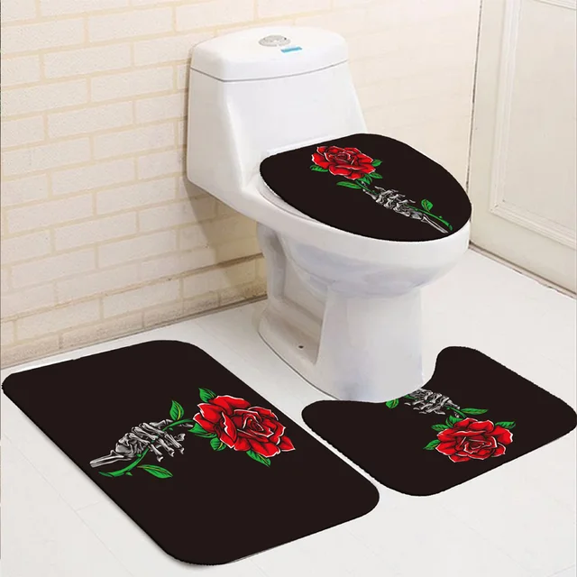 Rose Flower Shower Curtain Set Non-Slip Rugs Bath Mat Toilet Lid Cover and 12 Hooks Waterproof Polyester Bathroom Decor L-Bath Rug Mat-3Pcs