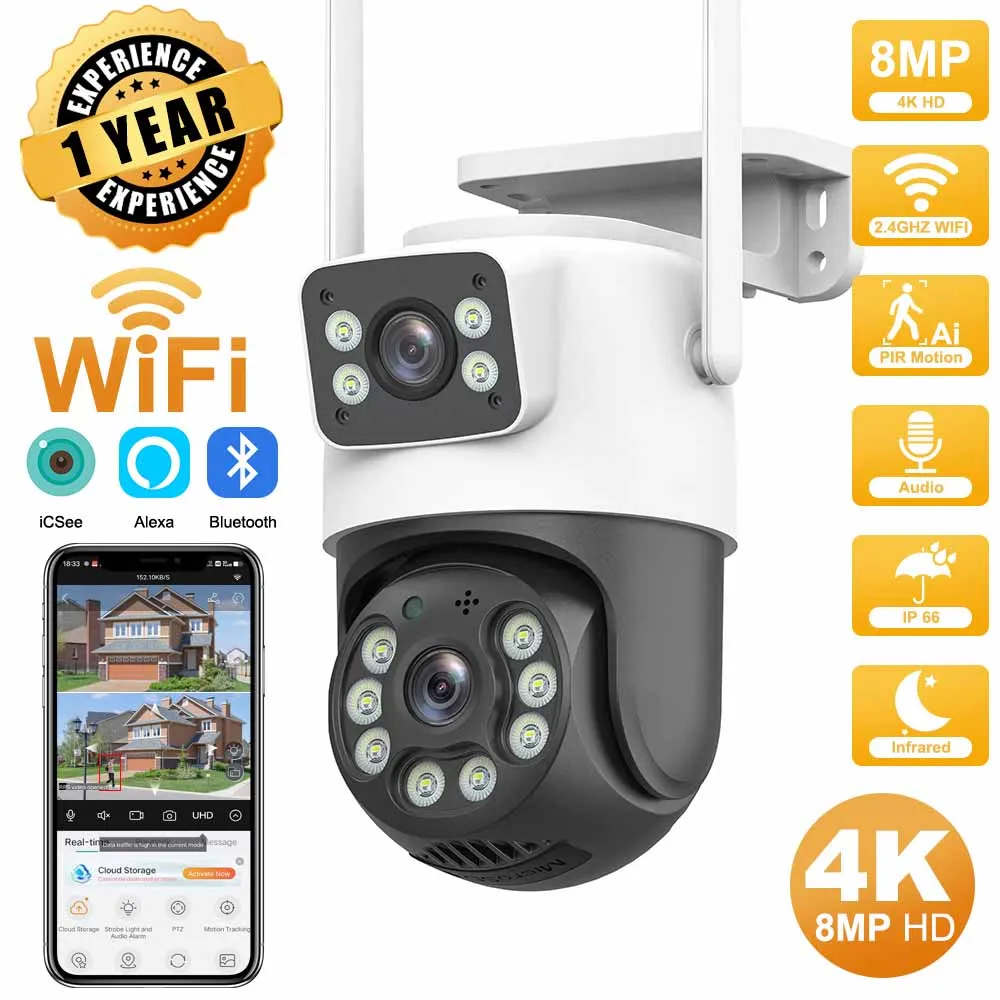 듀얼 렌즈 와이파이 감시 카메라, 4K, 8MP, 4X 디지털 줌, AI 인간 감지, ONVIF 무선 야외 보안 PTZ IP 카메라