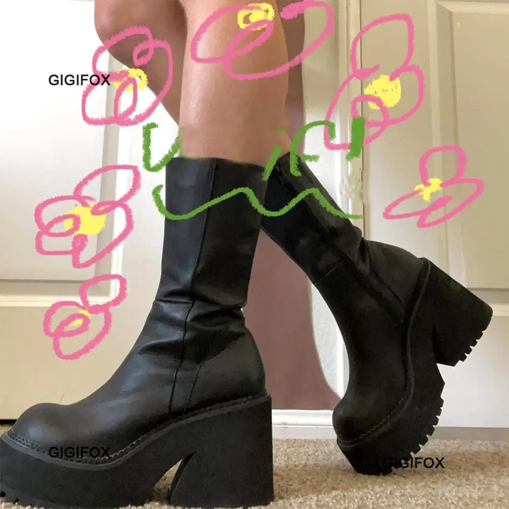 GIGIFOX Goth Platform High Heels Zip Chunky Women's Boots Black Punk Thick Bottom Motorcycle Boots Cosplay Y2K Casual Shoes