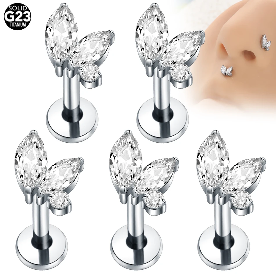 

1/5pcs G23 Titanium Stud Earrings Internally Threaded Labret With Double Marquise and Round CZ Top Tragus Helix Piercing Jewelry