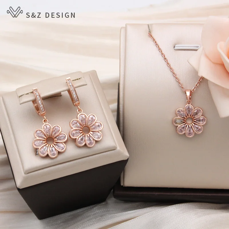 S&Z DESIGN New Fashion Elegant Flowers Cubic Zirconia Dangle Earrings For Women Vintage 585 Rose Gold Color Fine Jewelry Gift