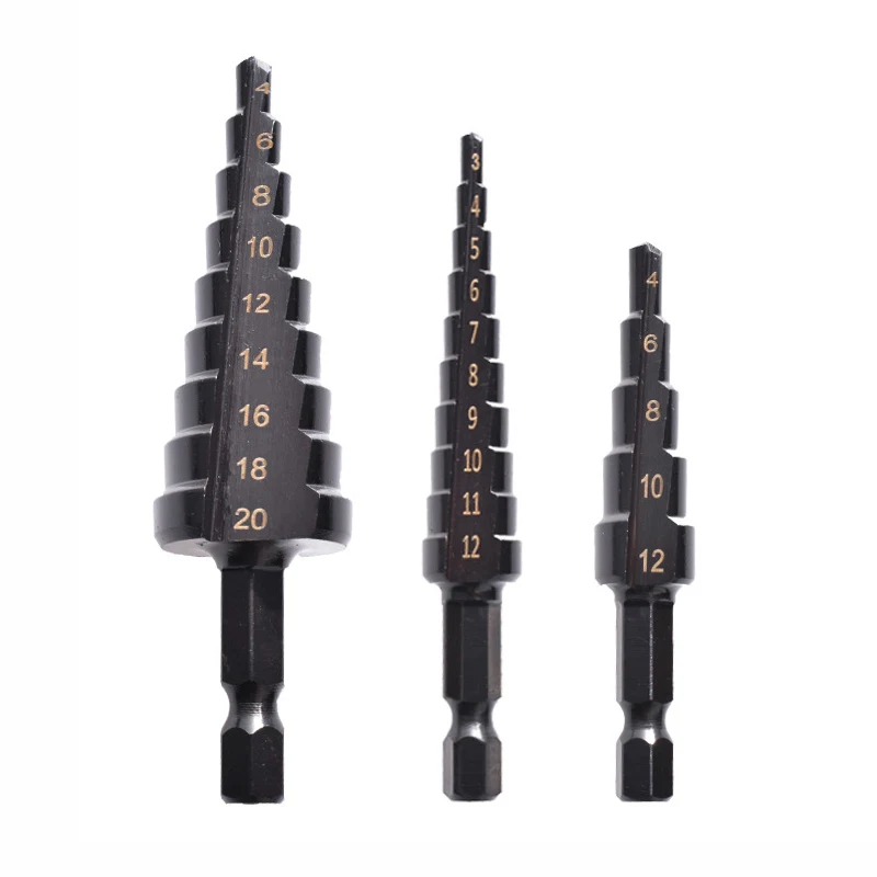 3Pcs 3-12mm 4-12mm 4-20mm HSS Straight Groove Step Drill Bit Nitriding Bit Wood Metal Hole Cutter Core Cone Drilling Tools Set 3pcs hex shank cone drill countersink drill bit set woodworking hss titanium stepp drill wood tools hexagonal hex can hand drill