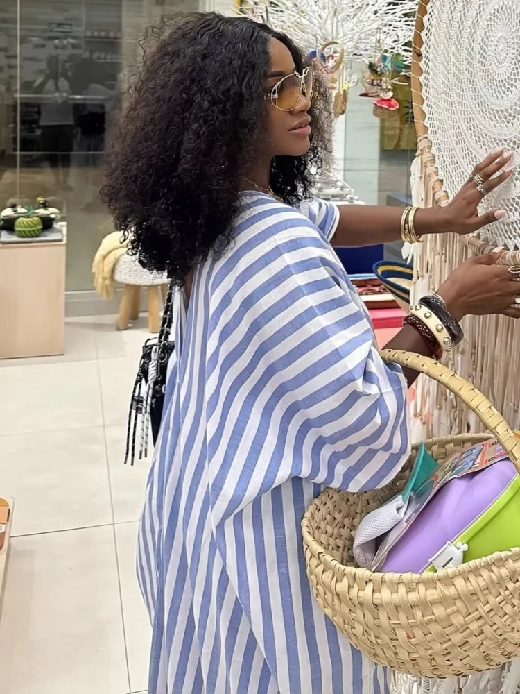 Wmstar Dresses for Women Wholesale V Neck Loose and Lady Back Style Deep Long Striped Dress Long Dress for Women New Style 2025