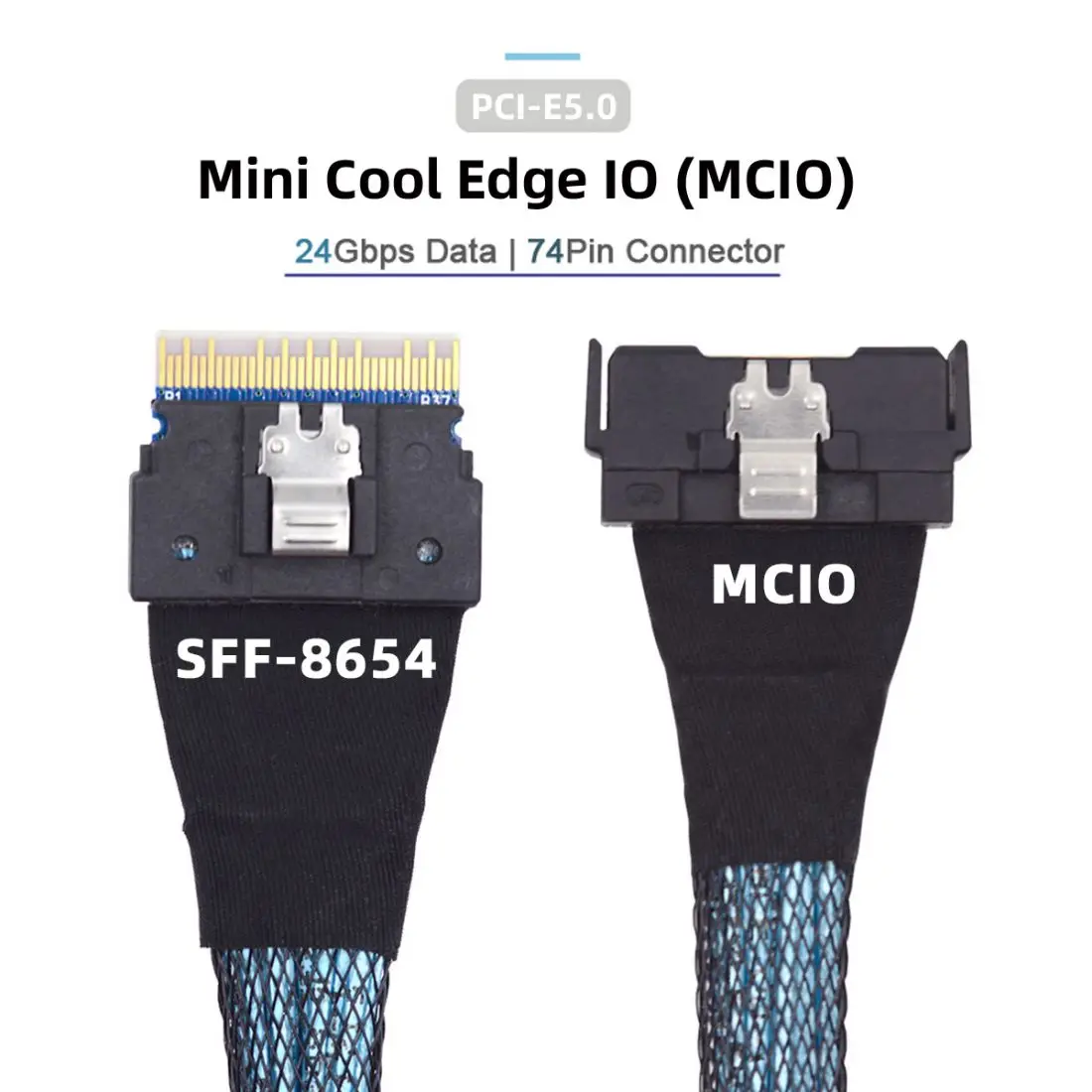 

Xiwai 50cm PCI-E 5.0 Mini Cool Edge IO MCIO 74Pin to SFF-8654 8i 74Pin Slimline SAS 4.0 24 Gbps Extension Cable