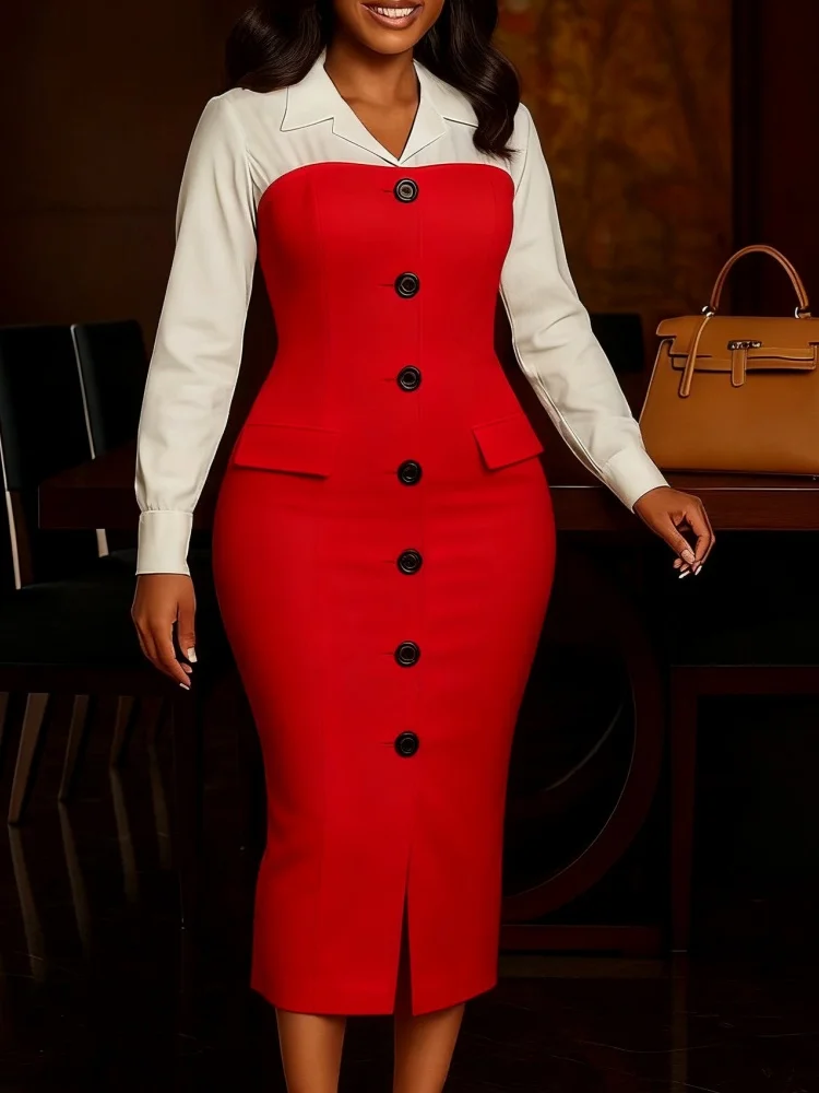 Wmstar Dress Women Wholesale Autumn Winter Fashion Professional Long Sleeved Suit Collar Patchwork Pencil Skirt Export 2025