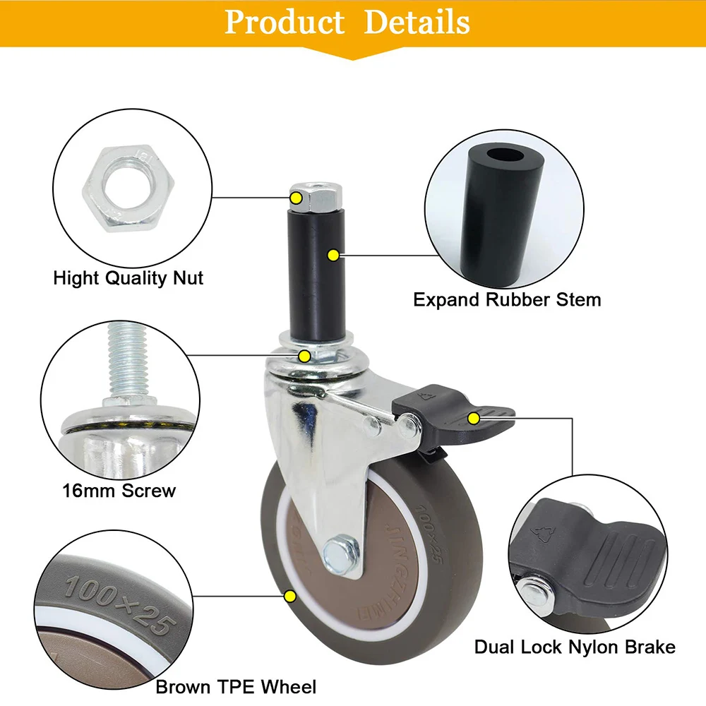 4Pcs Expanding Stem Casters,TPE Rubber Wheel built-in Ball Bearing for Round tube 22-28mm Commercial Kitchen Prep Tables