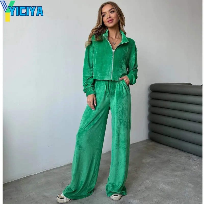 

YICIYA pant sets Zipper lapel velvet long pants and velour coat Tracksuit women two-piece set new outfits fashion suits clothing