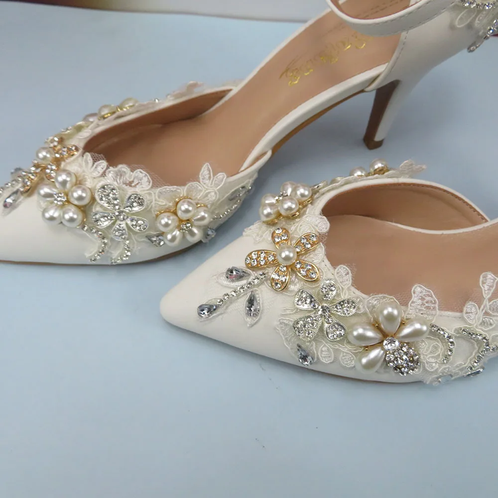 Perfect Bridal Ella Mid Ivory Satin Pearl Ankle Strap Shoes (Wide Fit)