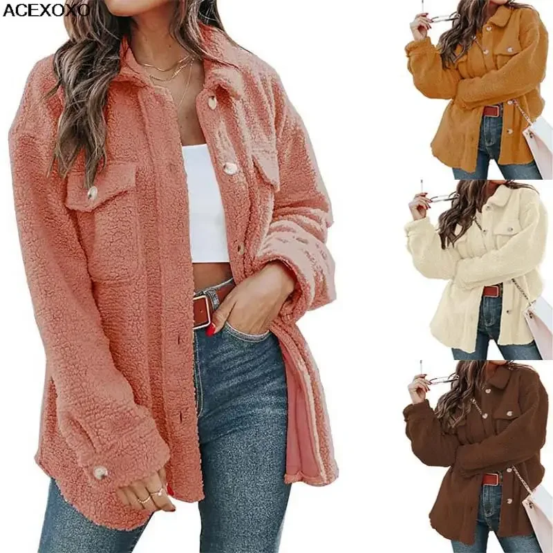 

Europe and the United States women's winter new shirt, coat lapels teddy wool single-breasted coat pocket