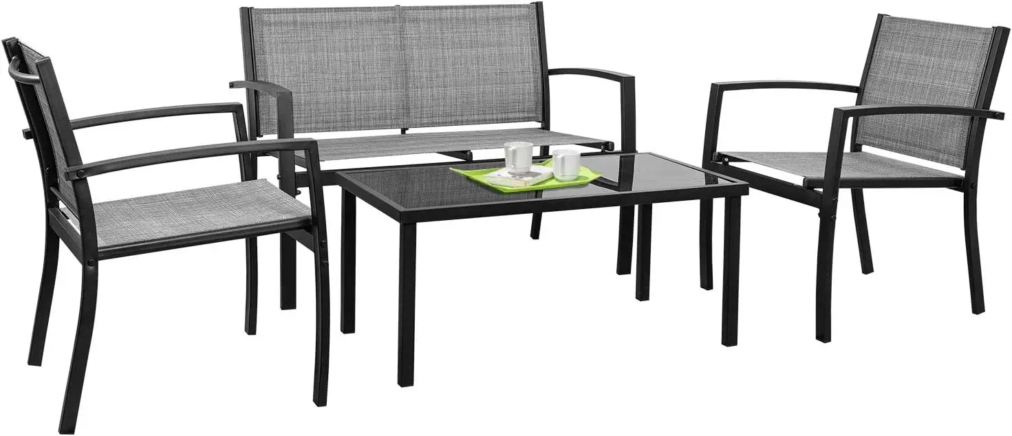 4 Pieces Outdoor Patio Furniture Set Conversation Set with Glass Coffee Table Bistro