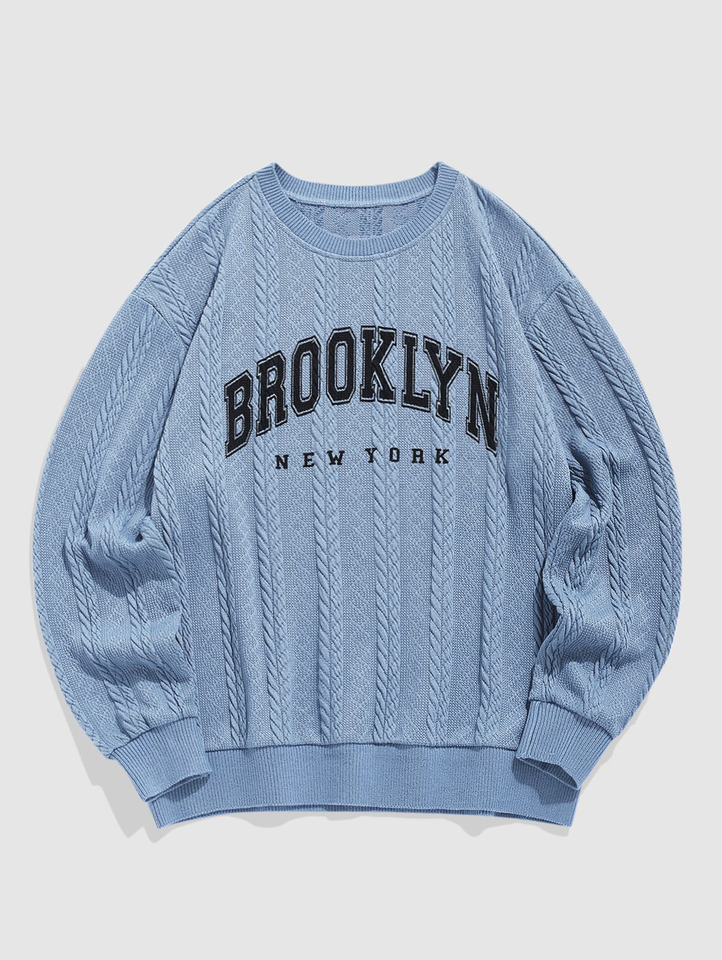 ZAFUL Men's Casual Letter BROOKLYN NEW YORK Graphic Printed Jacquard Textured Cable Knit Crew Neck Long Sleeve Sweater