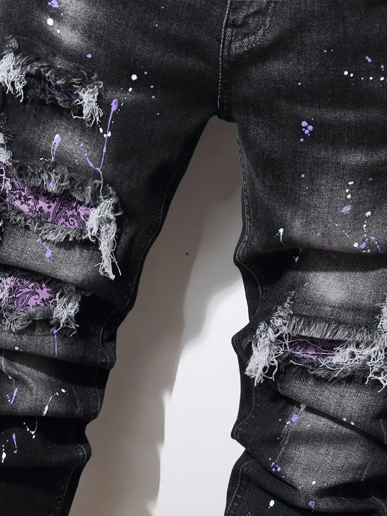 New Men's Slim Jeans With Ripped Tassel Holes And elastic Paint Spray Black Stitching Beggar Pants men designer jeans for men