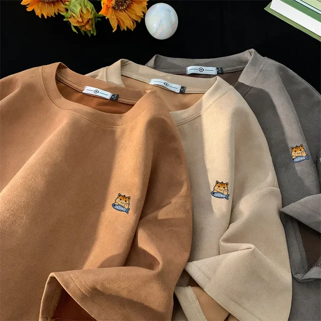 Summer Cartoon Cat Graphic T-shirts For Men Vintage Loose Tees Clothes Suede Crewneck Short Sleeve T Shirts Hombre Streetwear 1