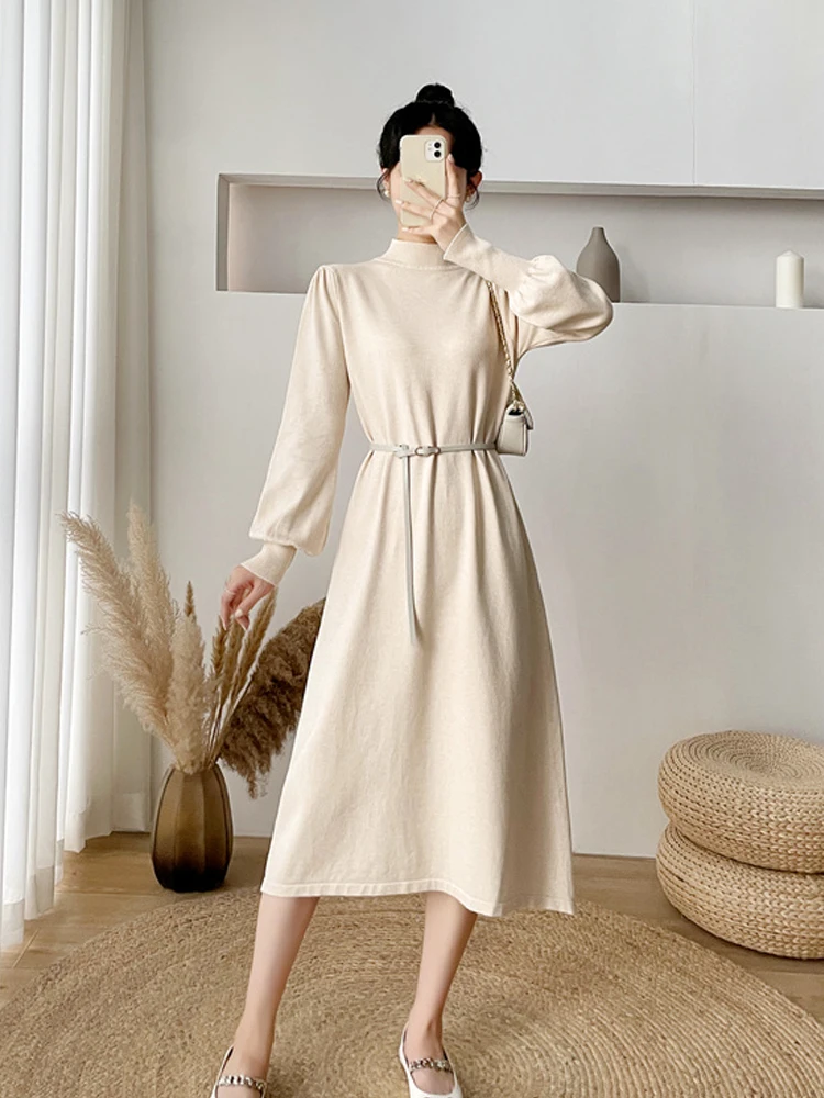 

Women Half High Collar Lantern Sleeve Knitted Dresses Autumn Winter Belt Decoration Mid Length Version Over The Knee Solid Dress
