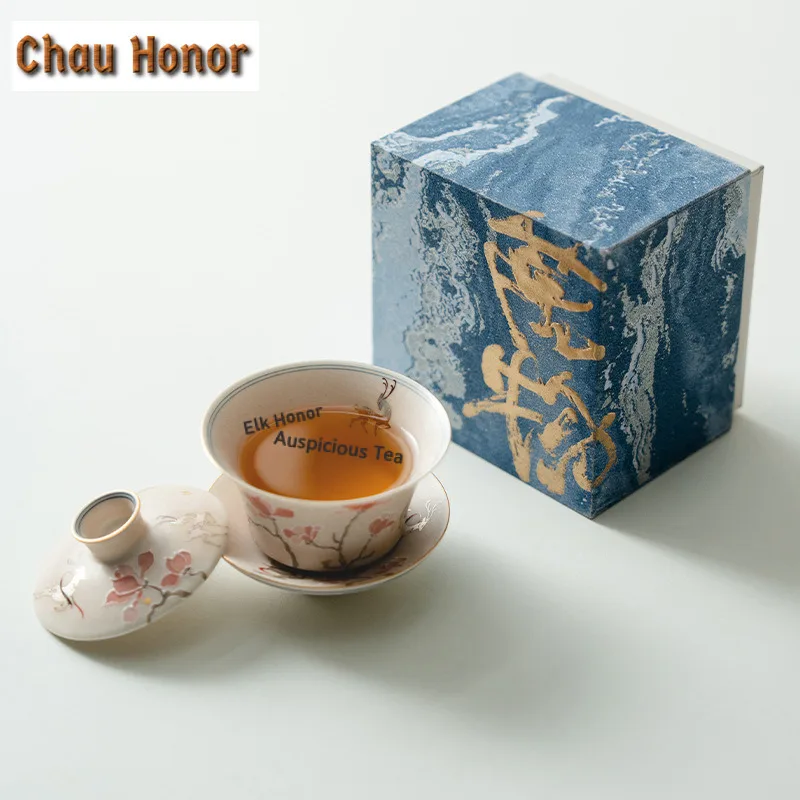 Hand-painted Plum Blossoms Pile Carve Gaiwan Luxury Tea Tureen Tea Bowl with Lid Kit Tea Making Cover Bowl Tea Items Decoration